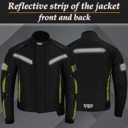 SAGA Motorcycle Waterproof Jacket Armoured Green Black