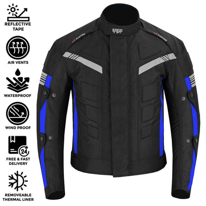 SAGA Motorcycle Mens Waterproof Armoured Jacket Blue Black