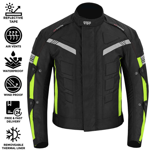 SAGA Motorcycle Waterproof Jacket Armoured Green Black