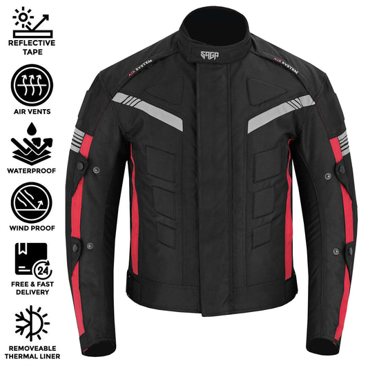 SAGA Motorcycle Mens Cordura Armoured Jacket Red Black