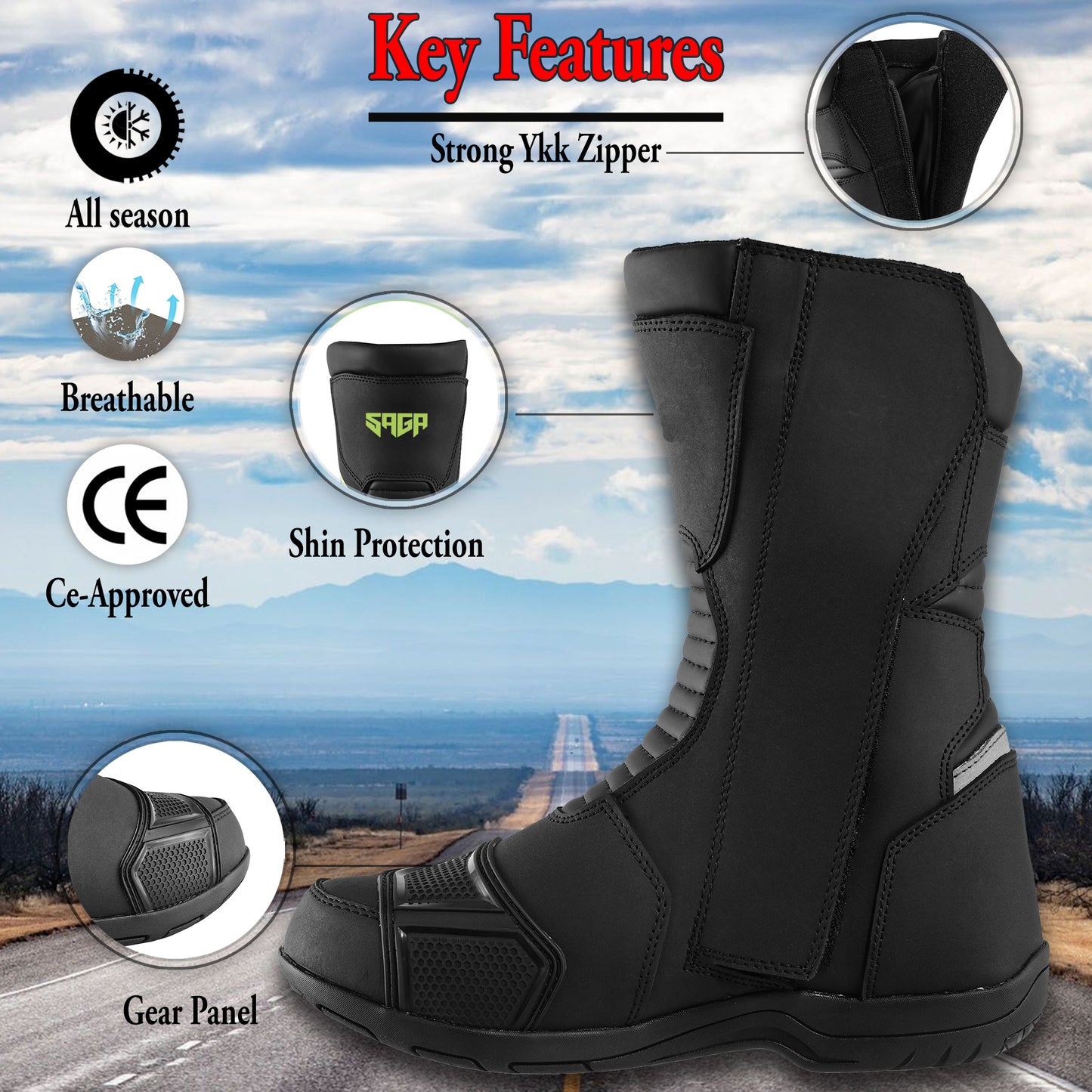 SAGA CE Level 2 Long Touring Motorcycle Riding Shoes Waterproof Genuine Leather Biker Boots for Men adventure Long touring shoes