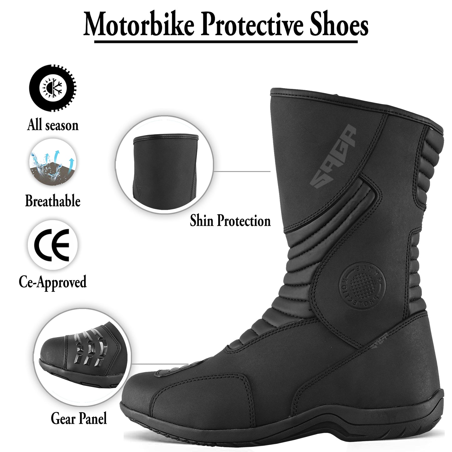 SAGA CE Level 2 Long Touring Motorcycle Riding Shoes Waterproof Genuine Leather Biker Boots for Men