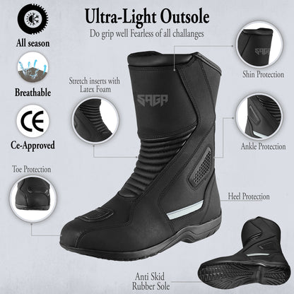 SAGA CE Level 2 Long Touring Motorcycle Riding Shoes Waterproof Genuine Leather Biker Boots for Men adventure touring