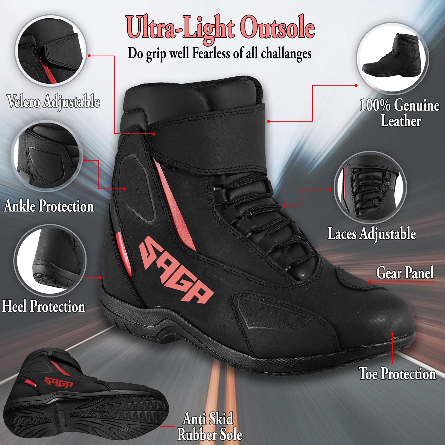 SAGA short racing shoes | Motorcycle Riding Shoes Waterproof Leather CE Level 2 Anti Slip Protective Boots short touring shoes for riders